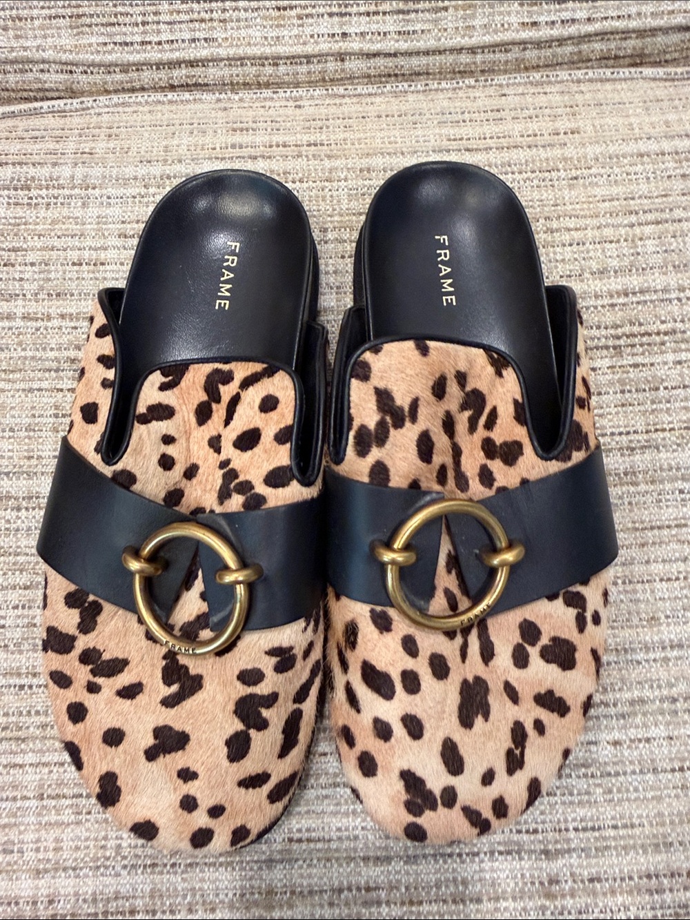 Frame Denim Leopard-Print Slide Mules with Black Strap & Gold Ring 8 1/2